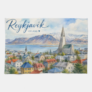 Reykjavik Island vattenfärgssouvenir Kökshandduk