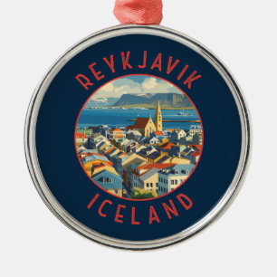 Reykjavík-Islandet Retro Distress Circle Julgransprydnad Metall