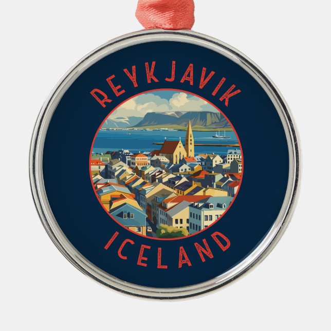Reykjavík-Islandet Retro Distress Circle Julgransprydnad Metall (Framsidan)
