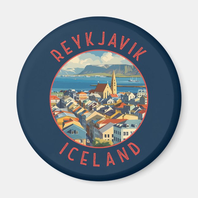 Reykjavík-Islandet Retro Distress Circle Magnet (Framsidan)