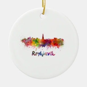 Reykjavik-skylin i vattenfärg julgransprydnad keramik