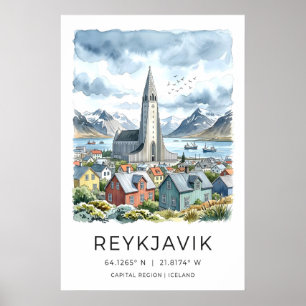 Reykjavik Vattenfärgstryck, Hallgrímskirkja och Poster