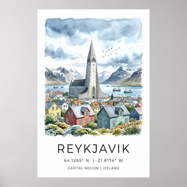 Reykjavik Vattenfärgstryck, Hallgrímskirkja och Poster (Framsidan)