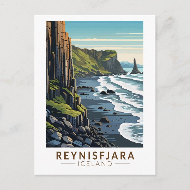 Reynisfjara Beach Island Travel Art Vintage Vykort (Framsida)