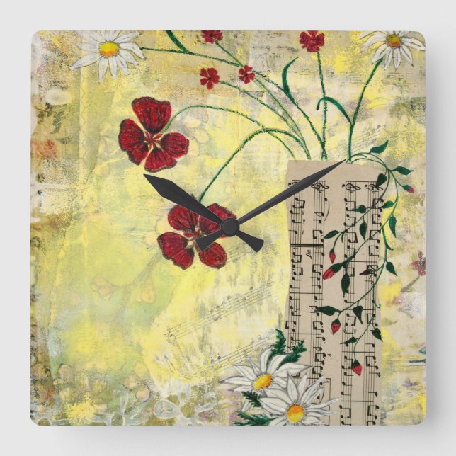 Rheapsody Flowers Wall Clock Fyrkantig Klocka (Framsida)