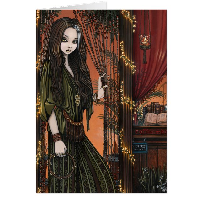 Rhianon bohemisk coffee shopflicka hälsningskort (Framsidan)