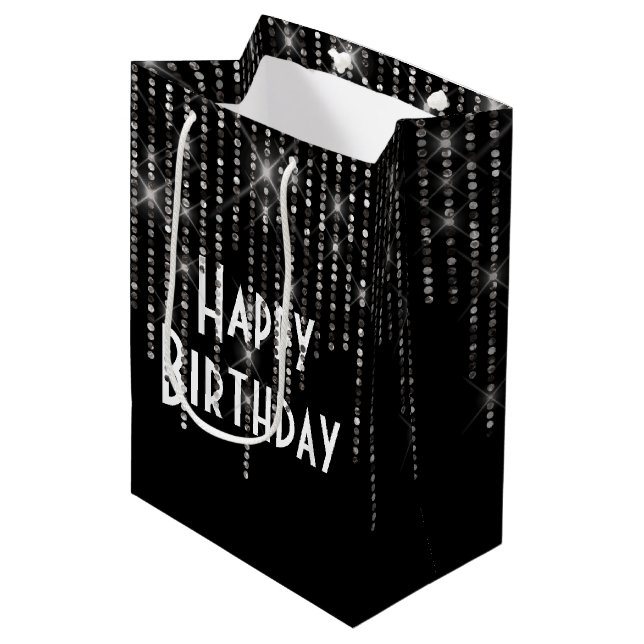 Rhinestone Bling Birthday Black Medium Gift Bag (Framsidan Vinklad)