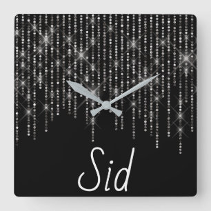 Rhinestone Bling med Namn Square Wall Clock Fyrkantig Klocka