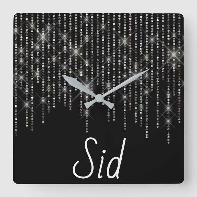 Rhinestone Bling med Namn Square Wall Clock Fyrkantig Klocka (Framsida)