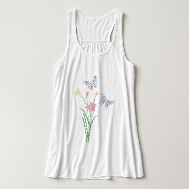 Rhinestone Flowers och Butterflies Linne Med Racerback (Design framsida)