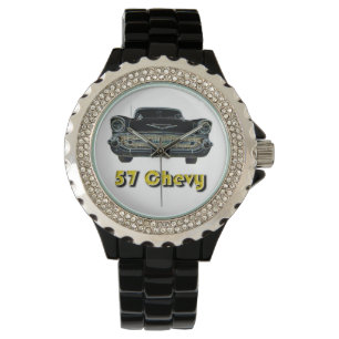Rhinestone för 57 Chevy med den svart emaljklocka Armbandsur