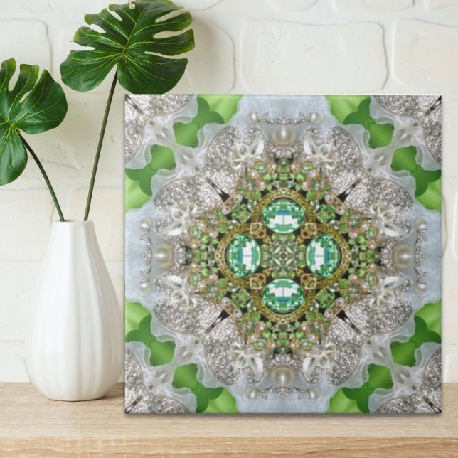 Rhinestone för smaragd för blom- mandala bling kakelplatta (Chic Bohemian Vintage Fashion teal emerald green Tile)