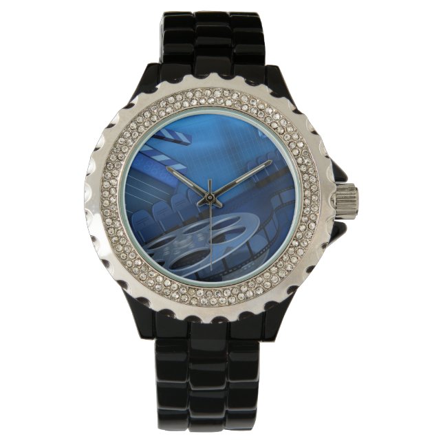 Rhinestone med Black Enamel Watch Blue Film Reel Armbandsur (Framsida)