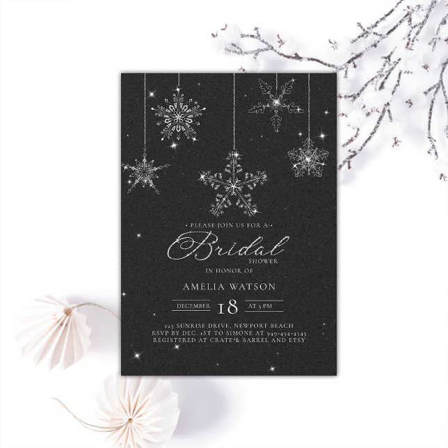 Rhinestone Snöflingor Black White Möhippa Inbjudningar (rhinestones bridal shower invitation glitter snowflakes black white modern festive classy sparkle)