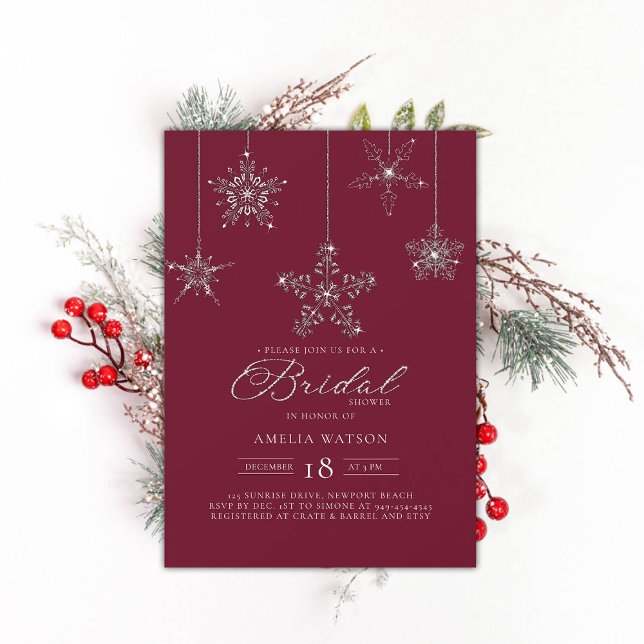 Rhinestone Snowflake Burgundy Winter Möhippa Inbjudningar (rhinestones bridal shower invitation glitter snowflakes burgundy red modern festive classy bling)
