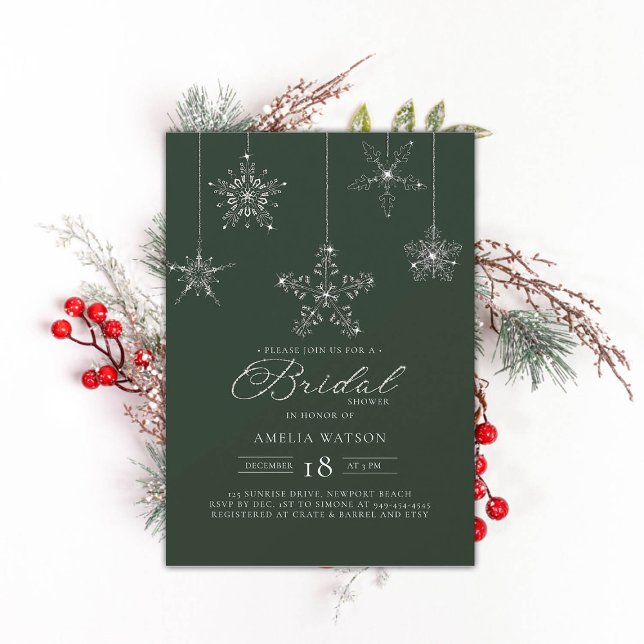 Rhinestone Snowflake Grönt Winter Möhippa Inbjudningar (rhinestones bridal shower invitation glitter snowflakes dark sage green modern festive classy bling )