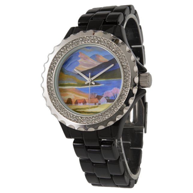 Rhinestone svart emalj armbandsur (Vinklad)