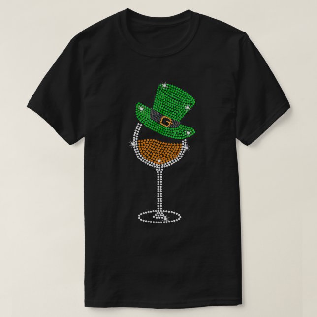 Rhinestone Vin Glass som dricker St patricks day T Shirt (Design framsida)