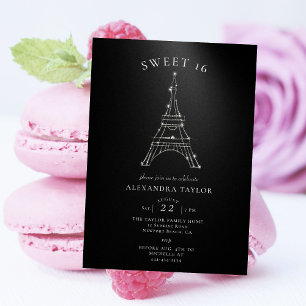 Rhinestones Eiffel Paris Black Minimal Sweet 16 Inbjudningar