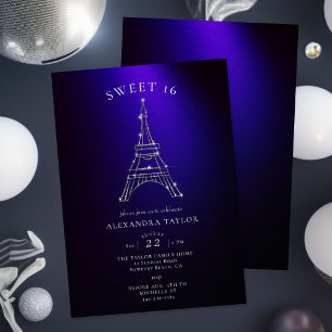 Rhinestones Eiffel Paris Lila Minimal Sweet 16 Inbjudningar
