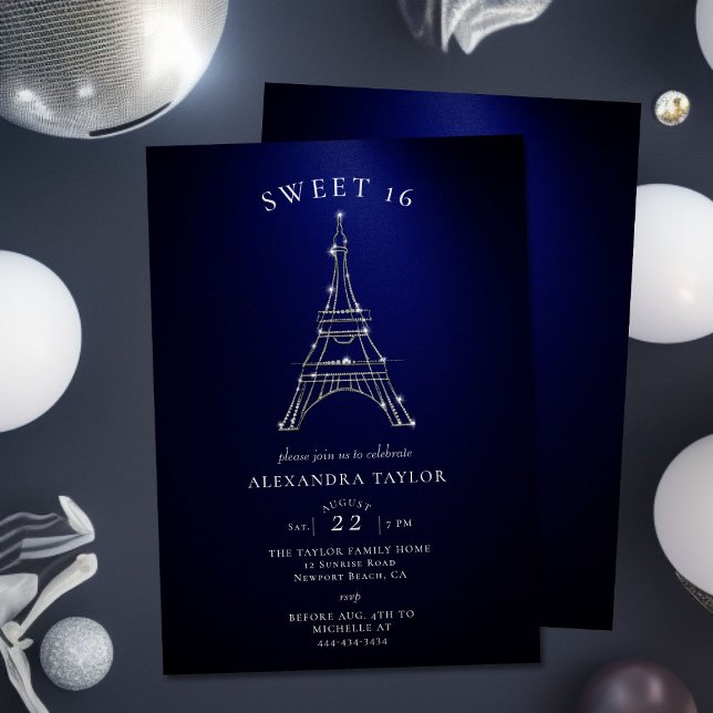 Rhinestones Eiffel Paris Navy Minimal Sweet 16 Inbjudningar (Skapare uppladdad)