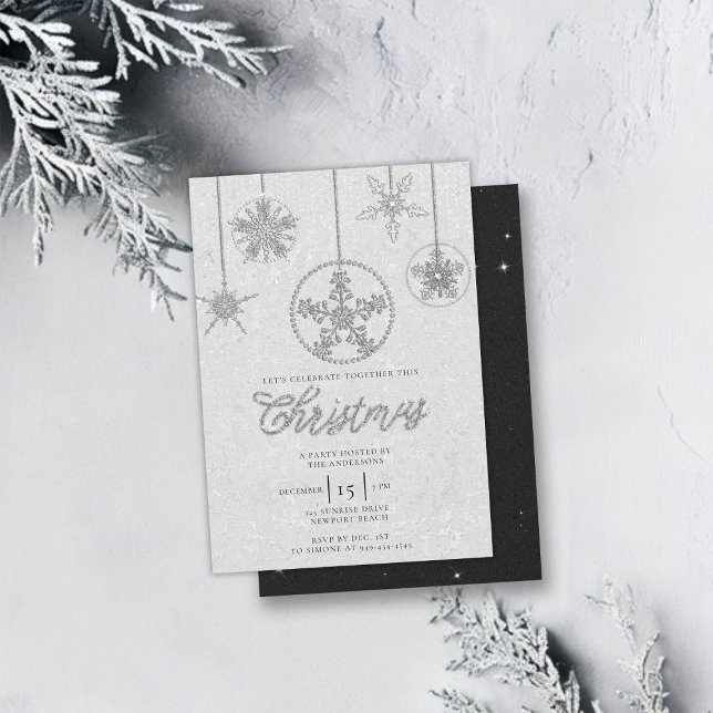 Rhinestones Glitter Elegant Winter Bling jul Inbjudningar (rhinestones glitter christmas party invitation baubles snowflakes formal black white elegant family)