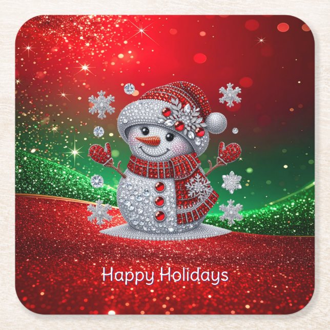 Rhinestones Snowman Holiday Paper Coaster Underlägg Papper Kvadrat (Framsidan)