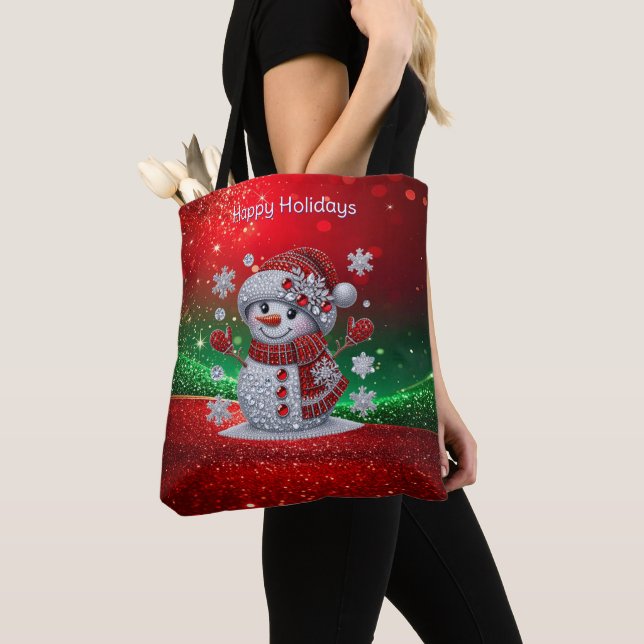 Rhinestones Snowman Holiday Tote Bag Tygkasse (Närbild)