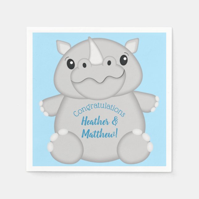 Rhino Baby Shower Blue Pappersservett (Framsidan)
