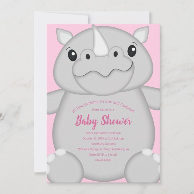 Rhino Baby Shower Safari Rosa Girl Girl Inbjudningar (Framsida)