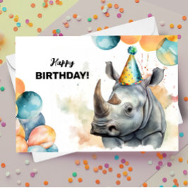 Rhino Balloons och Party Hat Rhinoceros Birthday Kort