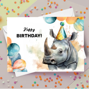 Rhino Balloons och Party Hat Rhinoceros Birthday Kort