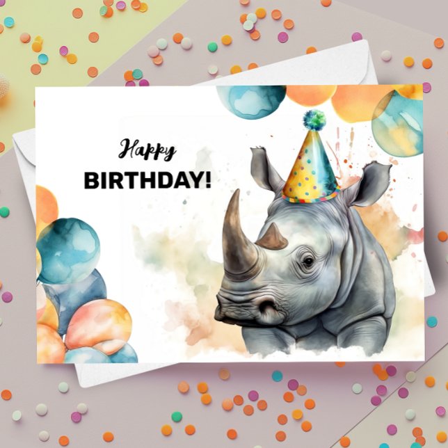 Rhino Balloons och Party Hat Rhinoceros Birthday Kort (Skapare uppladdad)