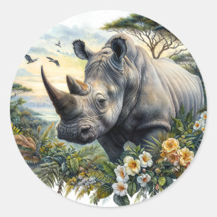Rhino Botanical Watercolor Runt Klistermärke