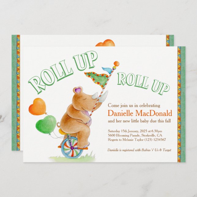 Rhino elephant vattencolor grönt brunbabdusch inbjudningar (Fram/baksida)