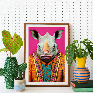 Rhino i Funky Kostym Animal Mode Art i Porträtt Poster