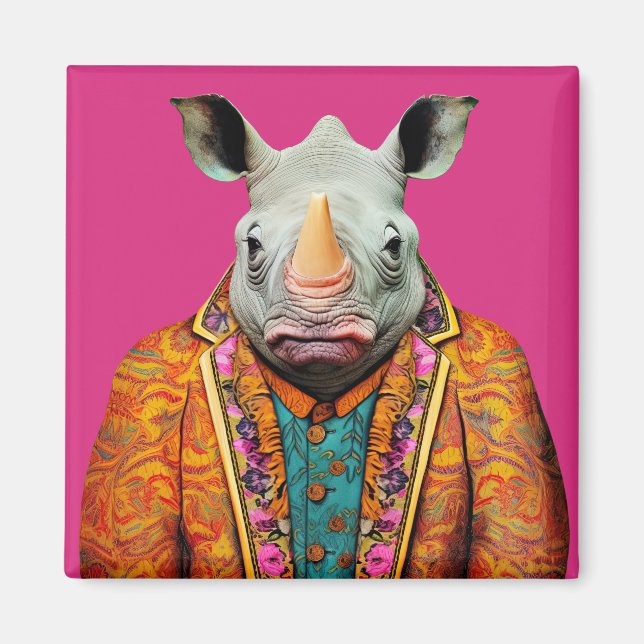 Rhino i Funky Kostym Animal Mode Art Rosa Magnet (Framsidan)