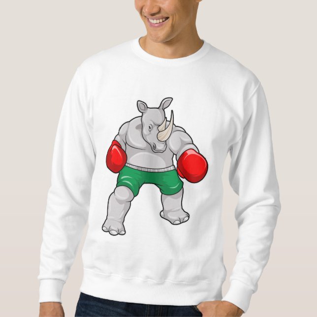 Rhino på Boxing med Boxing handskar Lång Ärmad Tröja (Framsida)