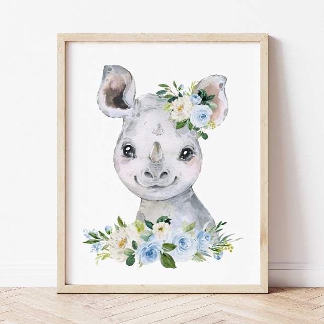 Rhino, Safari, Jungle, Blåa blommor, Boy Nursery Fototryck (Skapare uppladdad)