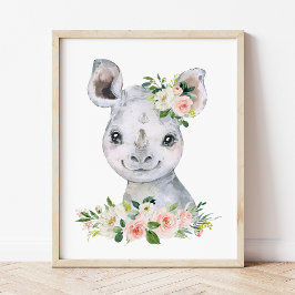 Rhino, Safari, Jungle, Rosa Flowers, Girl Nursery Poster