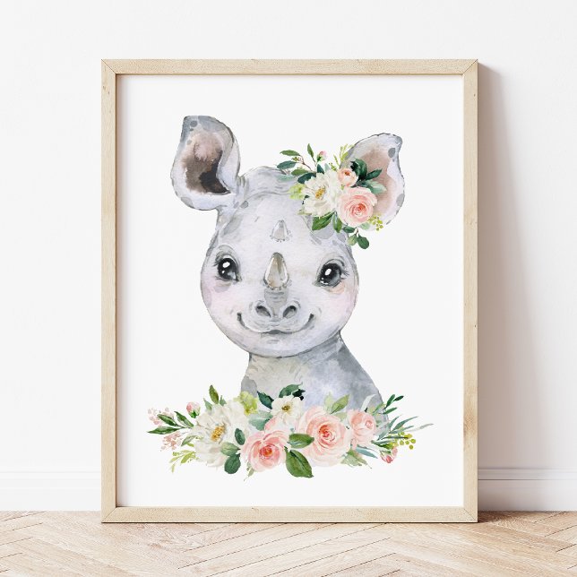 Rhino, Safari, Jungle, Rosa Flowers, Girl Nursery Poster (Skapare uppladdad)