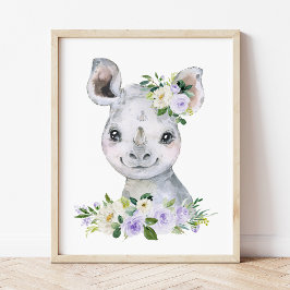 Rhino, Safari, Lila blommor, gender Neutral Fototryck