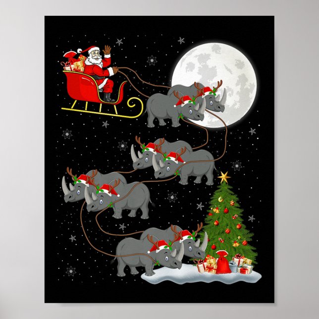 Rhino Santa Sleigh Flying Funny Magical Christmas  Poster (Framsidan)
