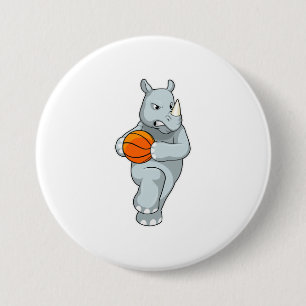 Rhino som basketspelare med basketboll knapp