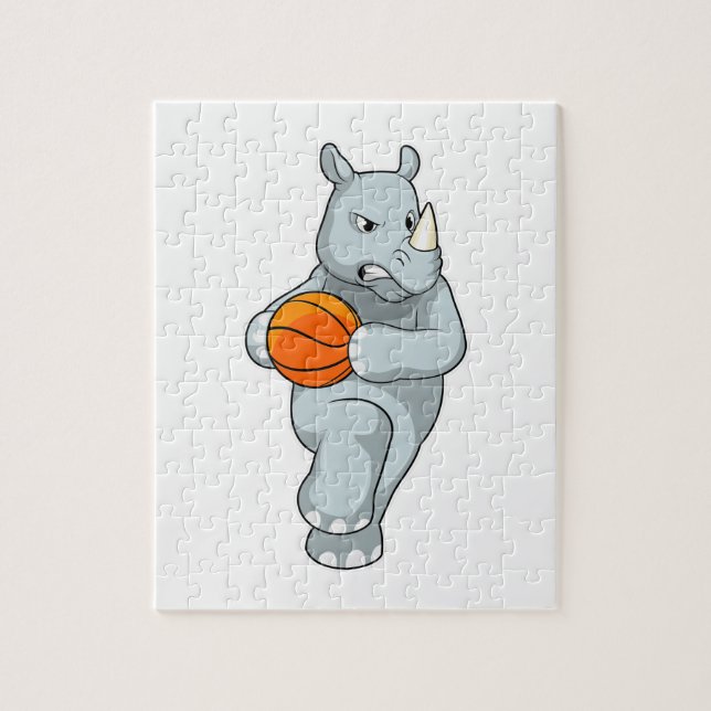 Rhino som basketspelare med basketboll pussel (Vertikal)
