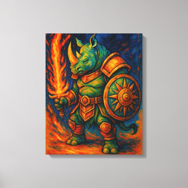 Rhino Warrior Wall Art – Fiery Sword Guardian Canvastryck (Framsida)