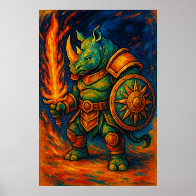 Rhino Warrior Wall Art – Fiery Sword Guardian Poster (Framsidan)