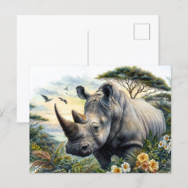 Rhino Watercolor Botanical Art Vykort