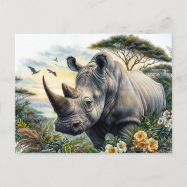 Rhino Watercolor Botanical Art Vykort