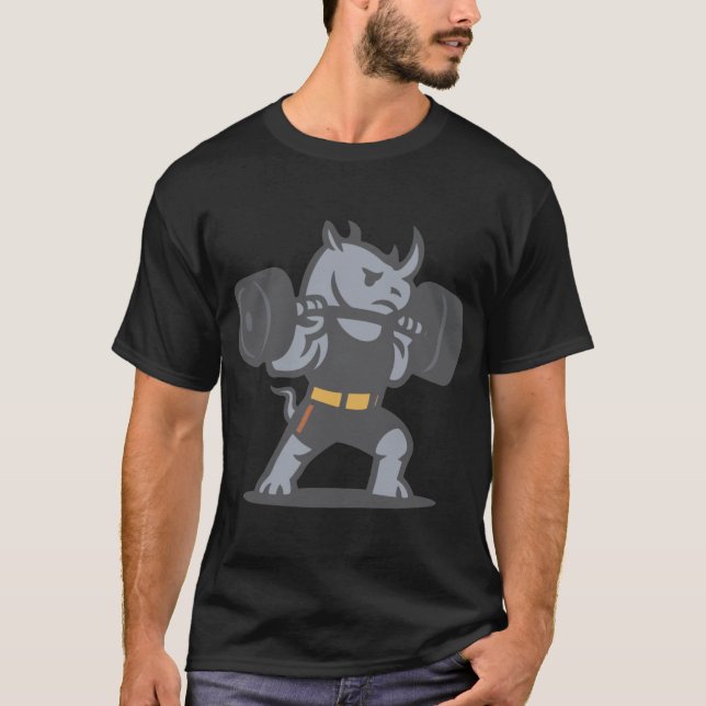 Rhino Weightlifter Retro Cartoon Gym Mascot Design T Shirt (Framsida)
